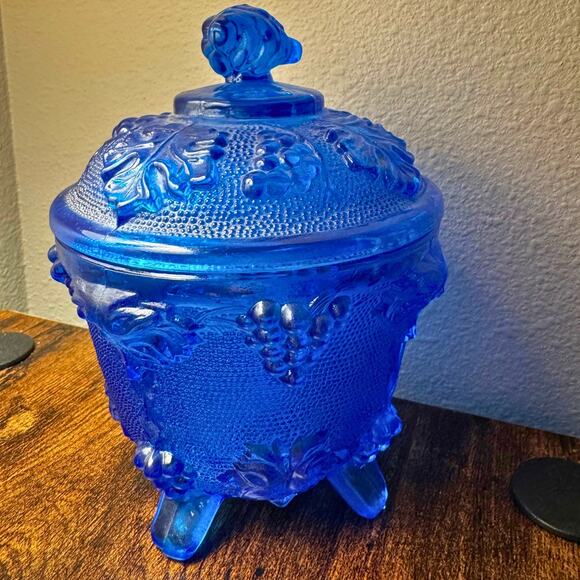 Vintage Cobalt Blue Glass Covered Candy Dish with Grape Leaf Design, Footed - Picture 2 of 7
